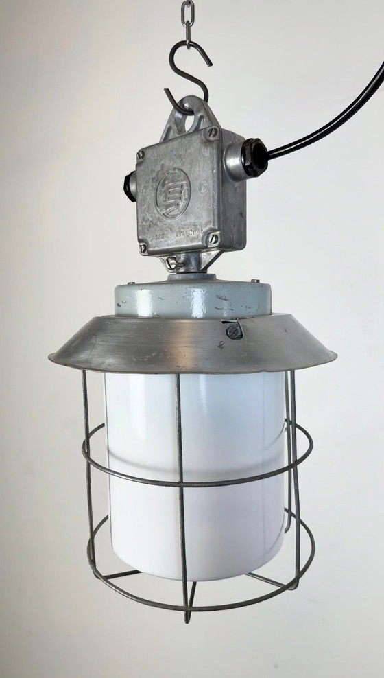 Image 1 of Lampada industriale a gabbia in alluminio con vetro opalino di Elektrosvit, anni '70
