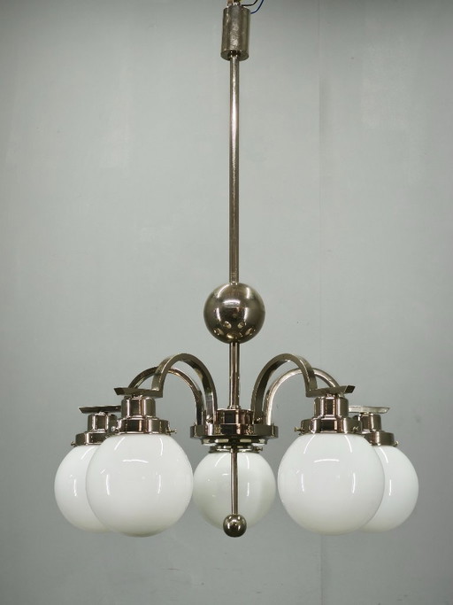 Art Deco Five-Light Chrome Chandelier, Czechoslovakia, 1930s