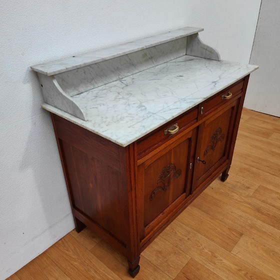 Image 1 of Vintage Antiek dressoir commode ladekast badkamermeubel met marmer blad