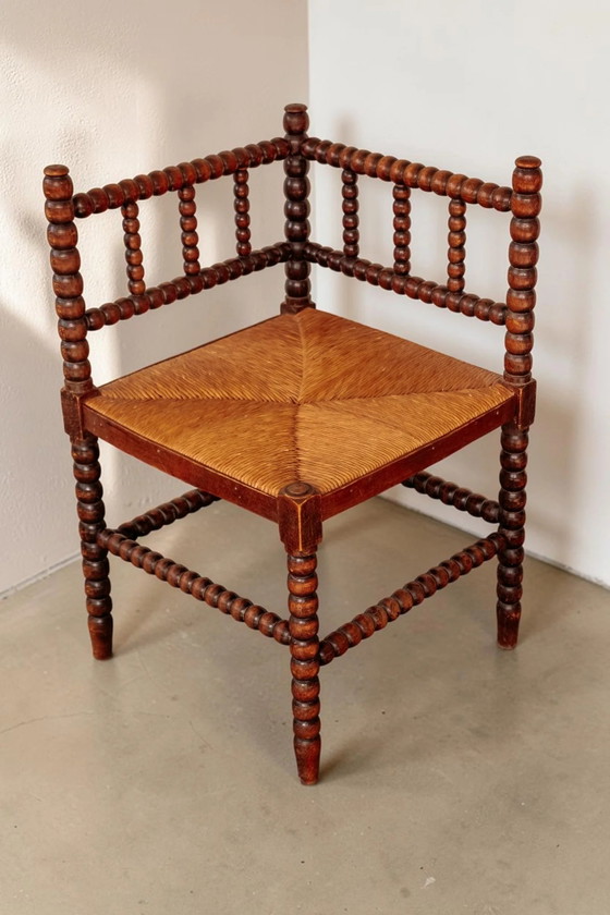 Vintage Bobbin Hoekstoel Met Rieten Zitting – Decoratieve objecten, Hout (photo 2 of 2)
