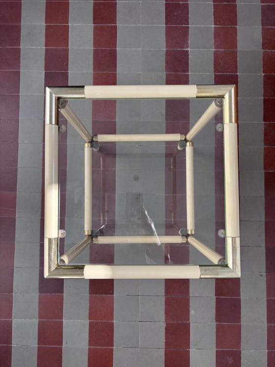 Image 1 of Vintage 1970s Italian Hollywood Regency Side Table by Banci Firenze – Cream & Brass Two-Tier Glass End Table
