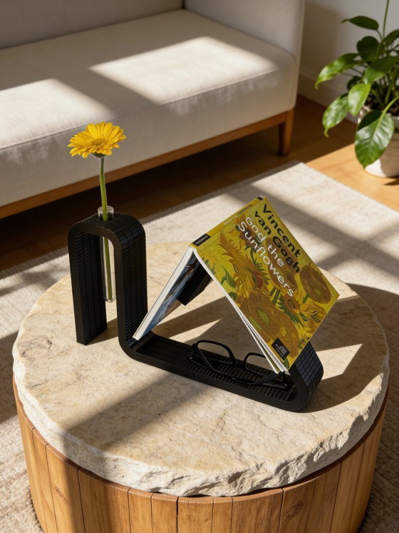 Image 1 of 3D Printed Book Stand with Glasses Holder & Test Tube Vase – Black PLA Decorative Display