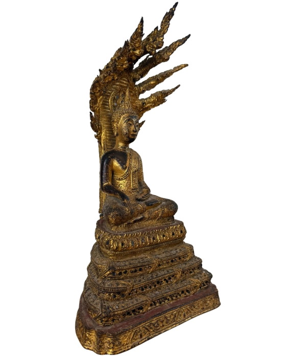 Thai Bronze Naga Buddha – Gilded – Rattanakosin Style Temple Statue – Sculpture (photo 3 of 10)