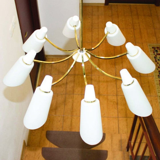 Image 1 of Vintage Sputnik chandelier with 8 opaline shades by Stilnovo Style, Italy 1950