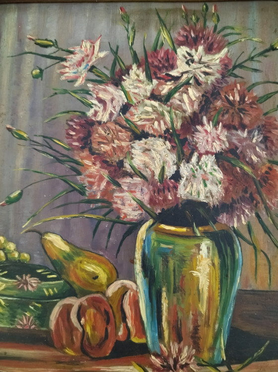 Pintura al óleo antigua sobre tabla - Naturaleza muerta 1947 – Firmada WEHR – Pinturas y dibujos, Wood (photo 4 of 9)