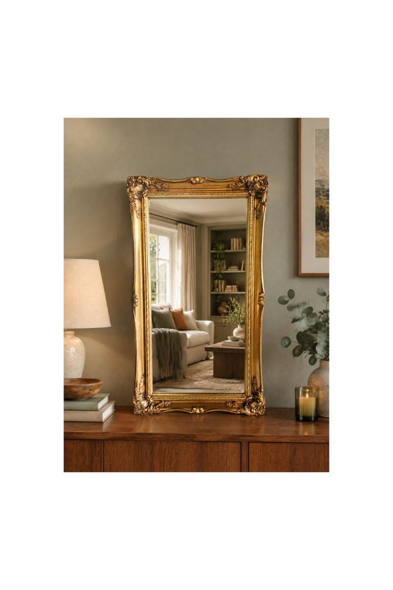Miroir mural 'Golden' style Baroque Rococo à facettes (style Hollywood Regency), Verre, Doré (photo 7 sur 7)