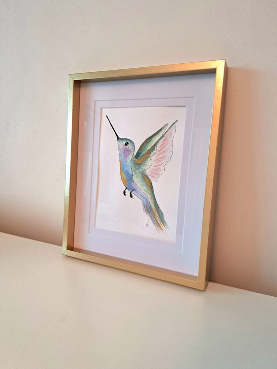 Image 1 of Peinture à l'aquarelle d'un colibri avec cadre et passe-partout