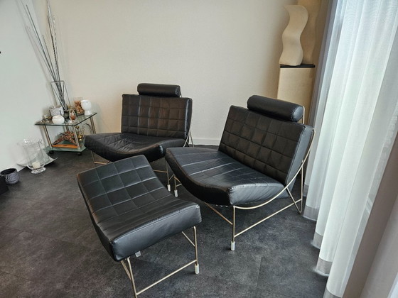 Image 1 of 2x Leolux Volare + Hocker Zwart Leder