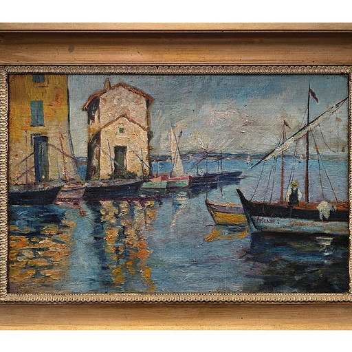 Dipinto impressionista francese vista del porto Etienne