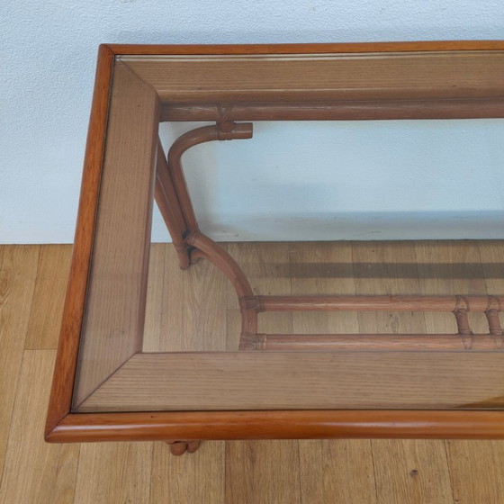 Image 1 of Vintage Rattan Side Table with Glass Top