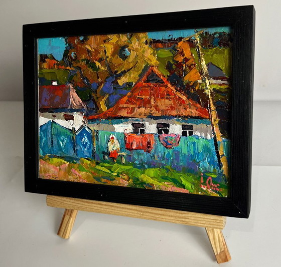 Image 1 of Peinture à l'huile originale : paysage rural, vie à la campagne, réunions dans la cour