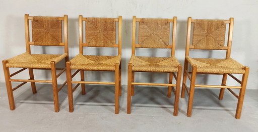 4 X chaises de salle à manger vintage en bois et jonc