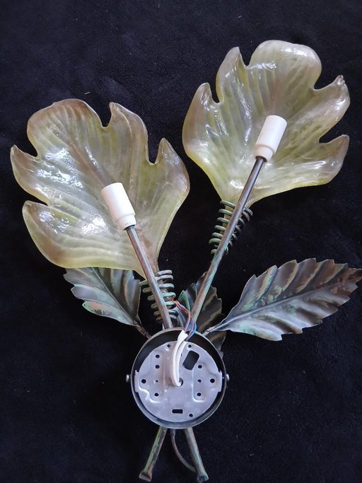 Geante Applique Tôle Peinte Verre de Murano Feuille Végétale 63cm