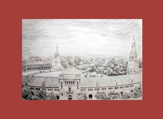Image 1 of Picture of Plaza de España in Seville. Drawing of Plaza de España in Seville. Seville drawing. Seville painting.