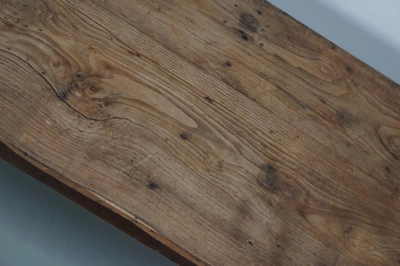 Image 1 of Antique French rustic farm table in light elm wood, 19th century