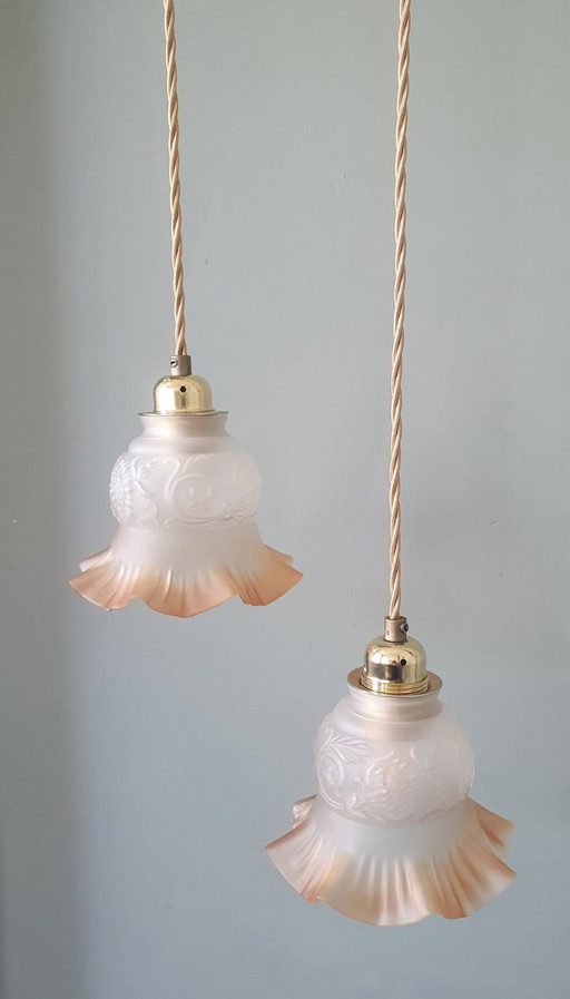 Set di lampade a sospensione antiche in vetro. Forma floreale/a fiore in vetro satinato.