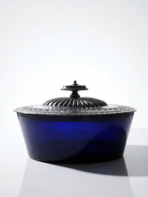 Victorian bonbonnière, attributed to George T. & Co., cobalt glass and silver-plated metal, 19th century