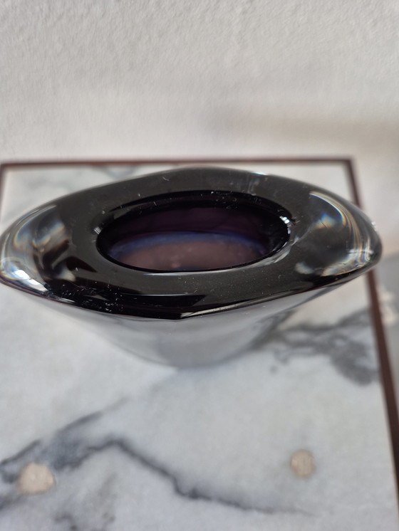 Image 1 of Heavy glass Serica vase with blue-purple spiral and clear glass overlay