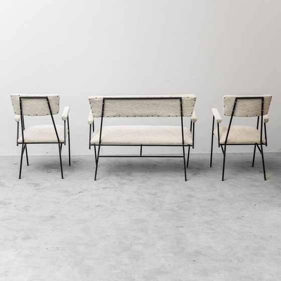 Image 1 of  SALOTTINO VINTAGE CON DIVANETTO E POLTRONE IN METALLO E TESSUTO ANNI ’70 MODERNARIATO