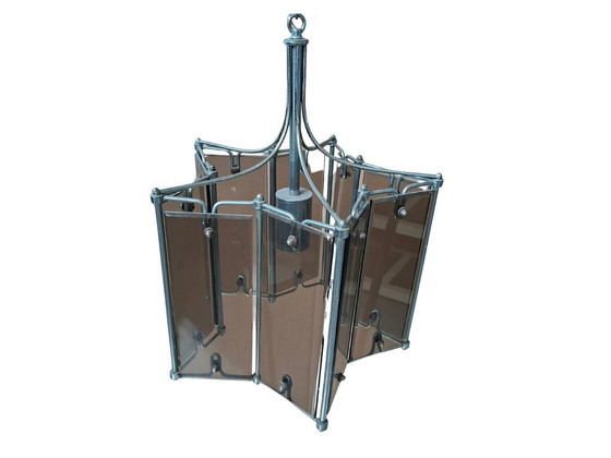 Image 1 of Gorgeous 1980s Vintage Chandelier – Leaf Design in Metal and Brown Glass