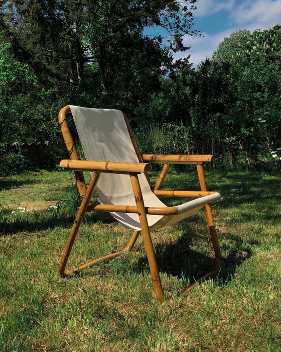 1960s Italian Bamboo Folding Chair, Textile, Brown, Vintage (photo 9 of 10)