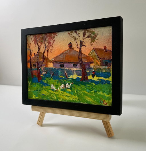 Original Oil Painting Rural Houses Landscape Village Morning – schilderijen tekeningen, Canvas (photo 2 of 8)