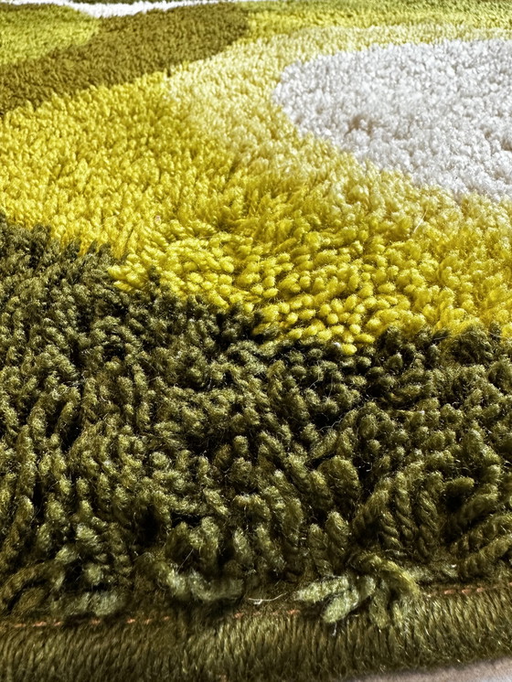 Image 1 of Original Prinstapijt-Teppich aus der 70er Jahre im Rya-Design mit warmen Grün- und Gelbtönen