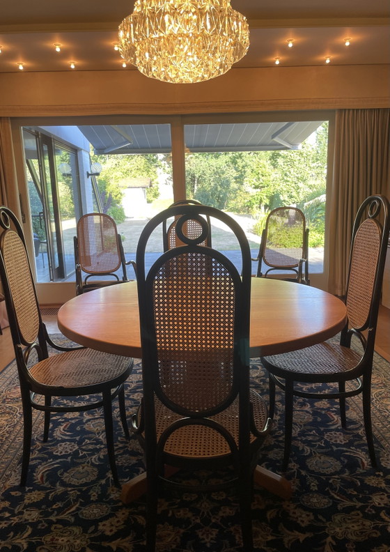 Unique THONET XL set: 10x vintage Thonet 'Long John' chairs + optional extendable dining table (photo 7 of 13)