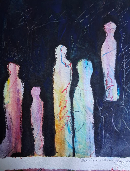 Family on the way,geschildetd in gemengde techniek op 300 gram aquarelpapier