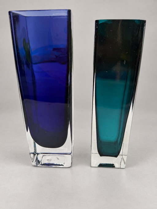 Set aus 2 Vintage 'Sommerso' Blockvasen – Kobaltblau & Petrol (Murano Stil) – vazen, Glass
