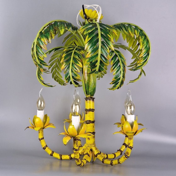 Image 1 of Vintage kroonluchter in palmboomstijl – faux bamboe, metaal, 5 armen – tropisch Hollywood Regency design