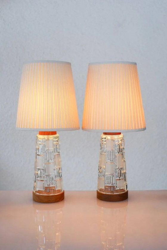 Image 1 of Mid-century modern Scandinavian teak and glass table lamps, set of 2