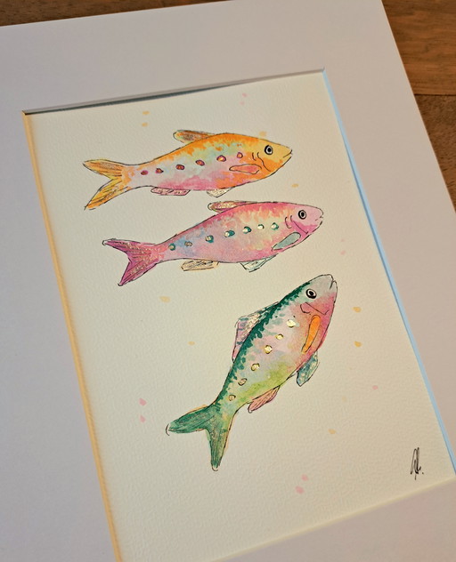 Watercolor painting colorful Sardines | With frame