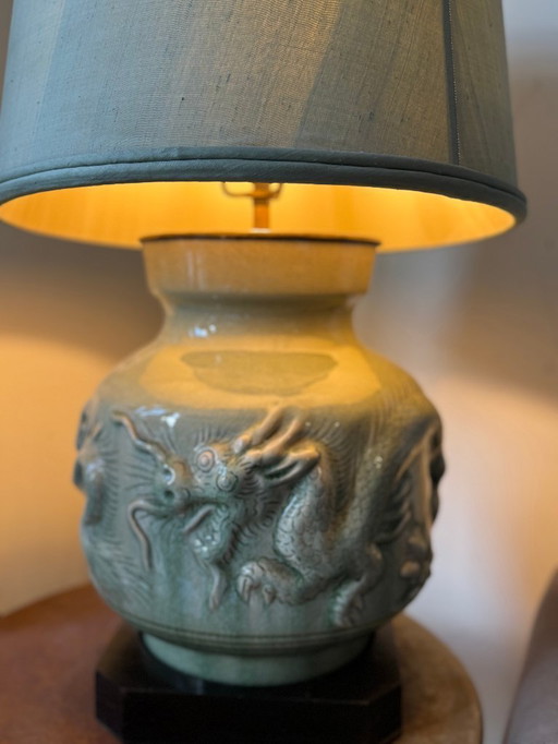 Beautiful celadon table lamp with dragon motif on ebony base