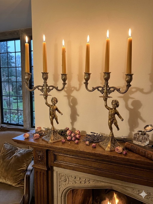 Paar bronzen kandelaars met putti, Franse kunst, Lodewijk XVI-stijl, 19e eeuw