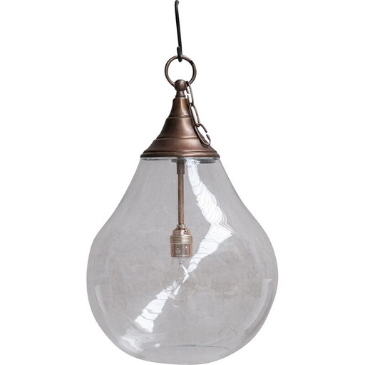 Vintage Pendelleuchte in Birnenform aus transparentem Glas und patiniertem Messing, Frankreich 1950