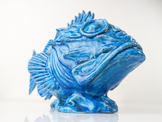 Image 1 of Art déco italien Guido Cacciapuoti Sculpture de poisson Scorfano émaillée bleue années 1930