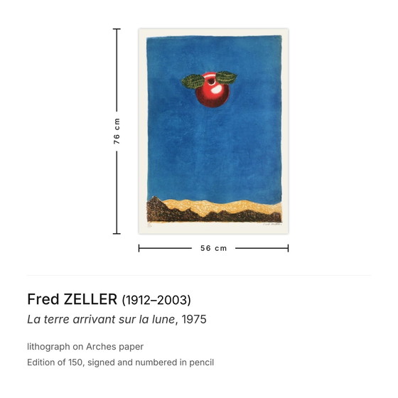 Image 1 of Fred ZELLER, L'arrivo della Terra sulla Luna. Litografia firmata, 1975.