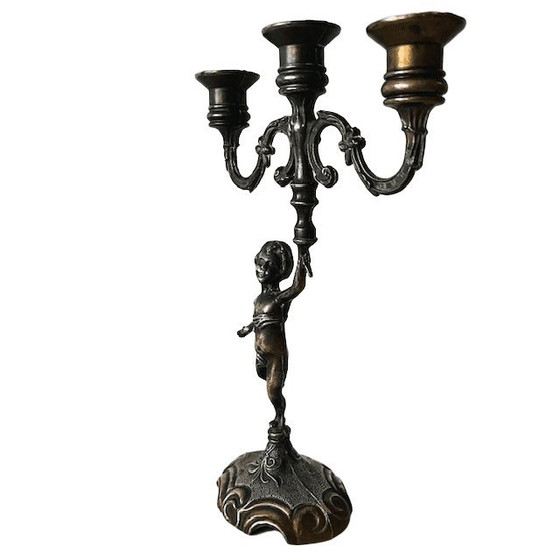 Image 1 of Vintage zware messing Putti Cherubijn 3-armige kandelaar 1960's
