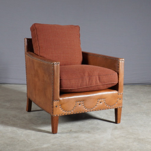 Vintage Leather Armchair - Metal Nails - Fabric Cushions