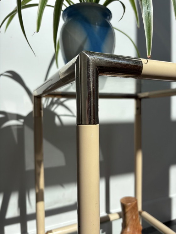 Image 1 of Vintage 1970s Italian Hollywood Regency Side Table by Banci Firenze – Cream & Brass Two-Tier Glass End Table
