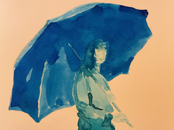 Image 1 of Gesigneerd schilderij blauw aquarel vrouwenportret "weekend in Honfleur".