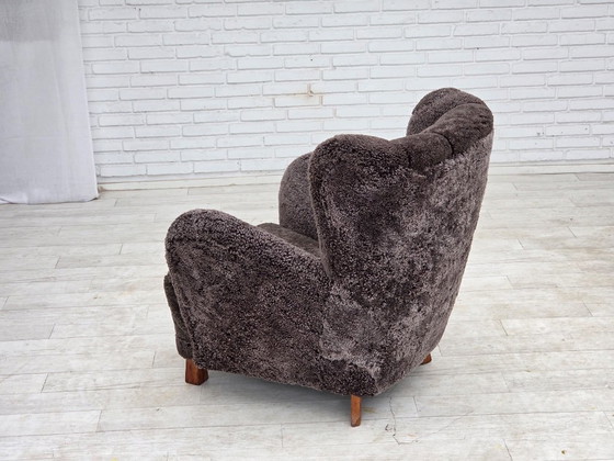 1960s, Danish design, reupholstered armchair, genuine sheepskin., Other, Brown (photo 9 of 20)