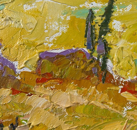 Image 1 of Origineel olieverfschilderij: Zomers veldlandschap, de kleuren van de oogst.