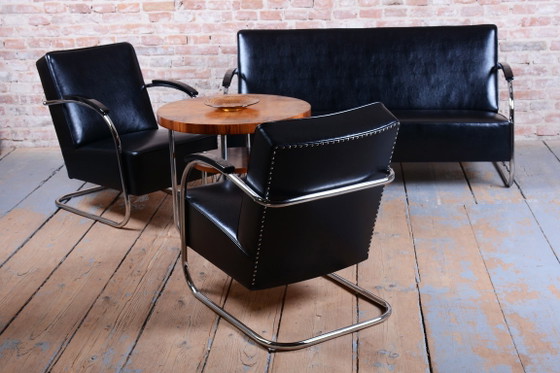 Restored Bauhaus Sofa, by Mücke-Melder, Chrome, Quality Leather, Czech, 1930s – Wood (photo 3 of 11)