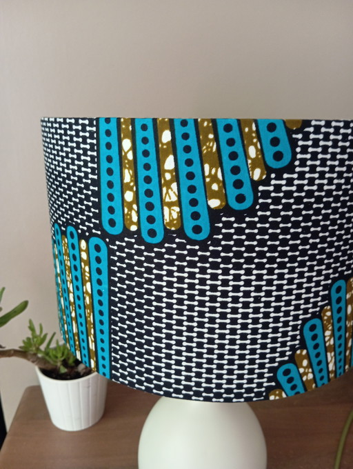 Table lamp, cream base, circular shade, wax fabric, one-of-a-kind creation