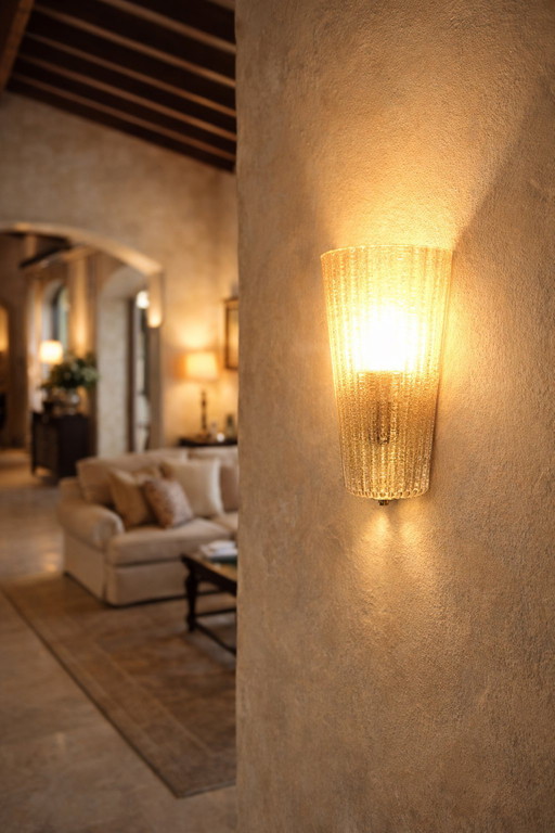 Juego de 2 apliques de pared Barovier & Toso de Murano – Diseño italiano – Elegante cristal acanalado – Acabado dorado