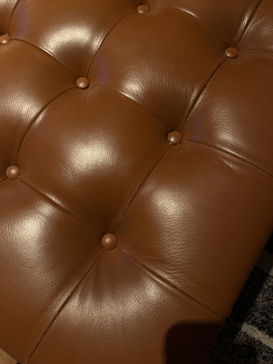 Image 1 of Large Tufted Leather Ottoman / Bench – Mid-Century Style – Cognac – 150 cm