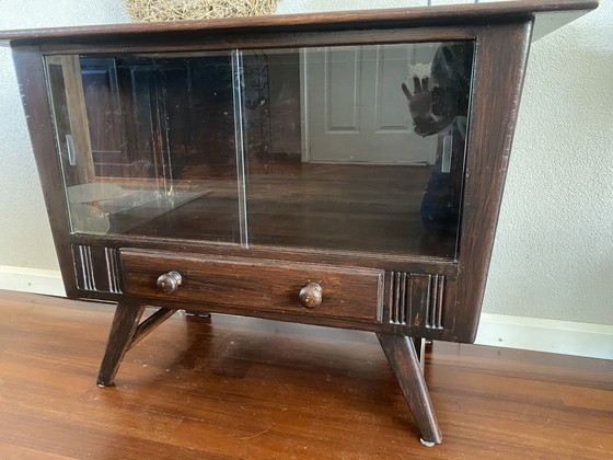 Image 1 of Vintage Mid - Century Dark Wooden Display Case With Sliding Doors