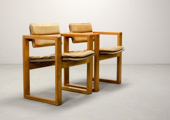 Image 1 of Mid-Century Pair of Dutch Design Camel Leather Cubic Pinewood Side Chairs by Ate van Apeldoorn for Houtwerk Hattem. 1960s.